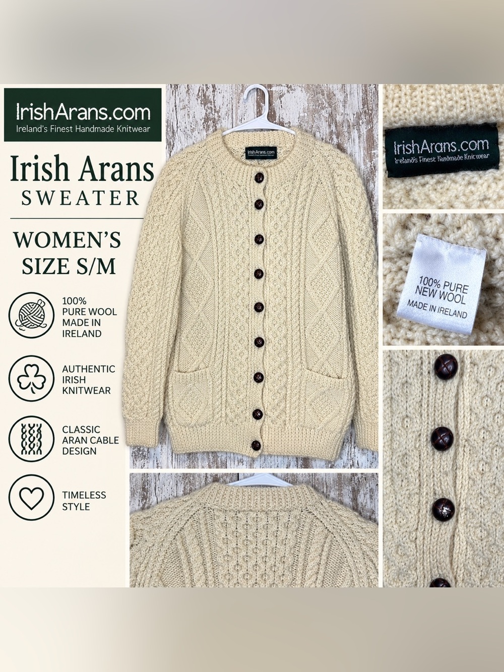 Irish Arans 100% Pure New Wool Cable Knit Cardigan Women’s S/M Made in Ireland